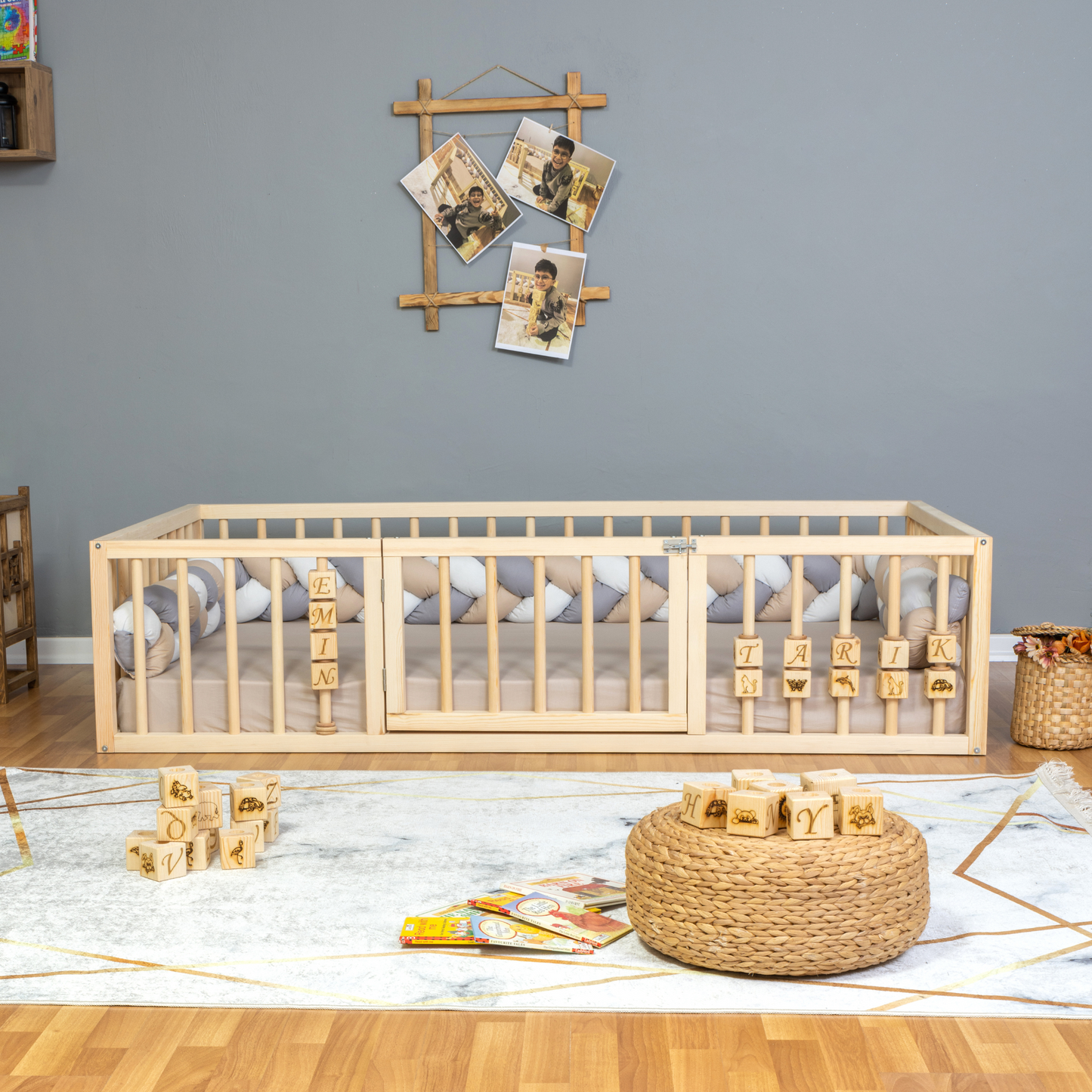 Montessori Floor Bed with Safety Rails & Center Door