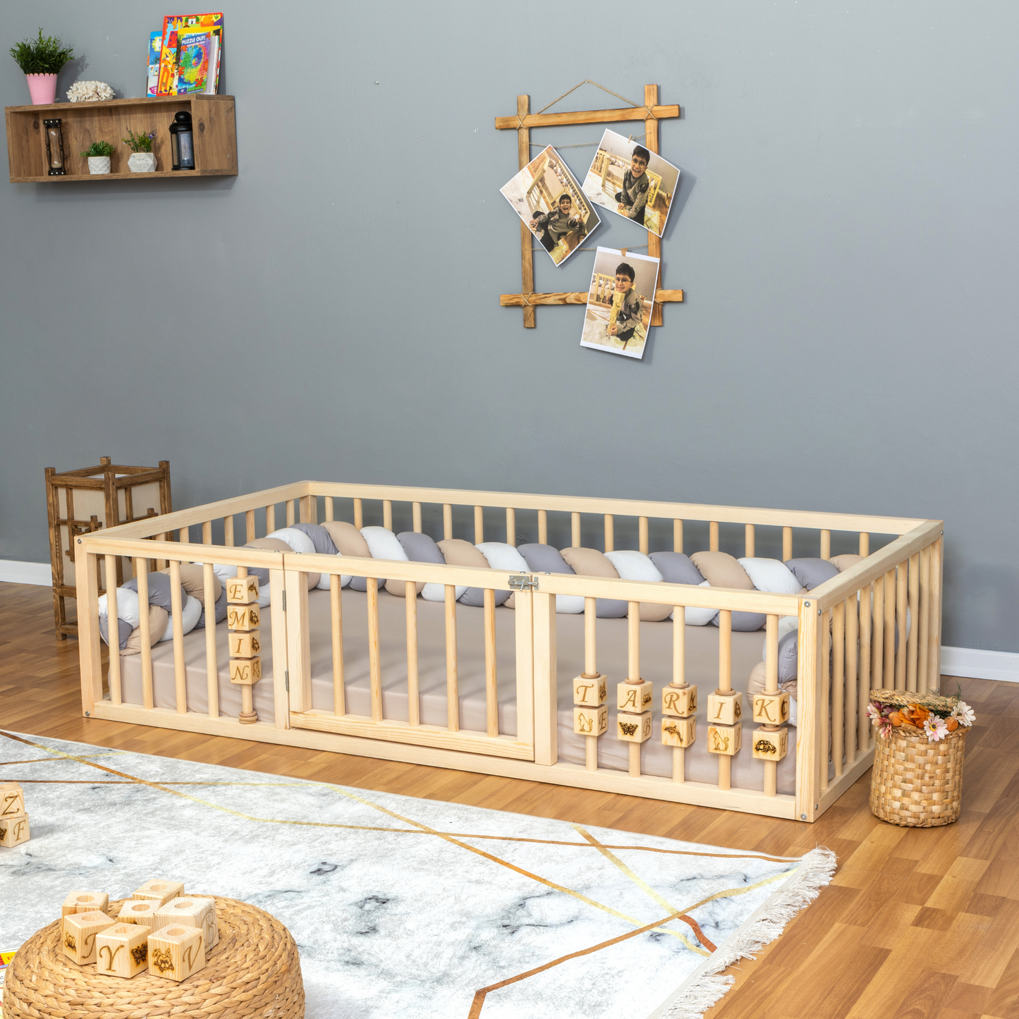 Montessori Floor Bed with Safety Rails & Center Door