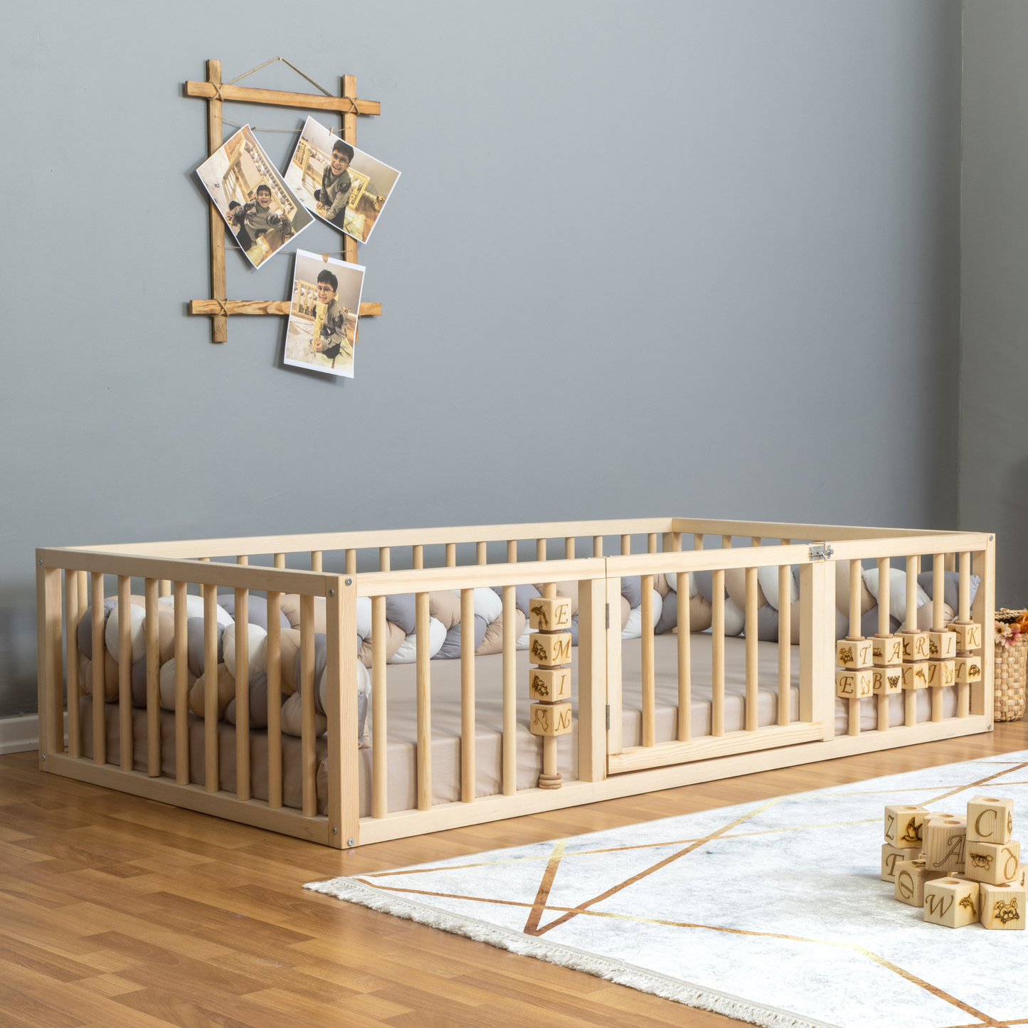 Montessori Floor Bed with Safety Rails & Center Door