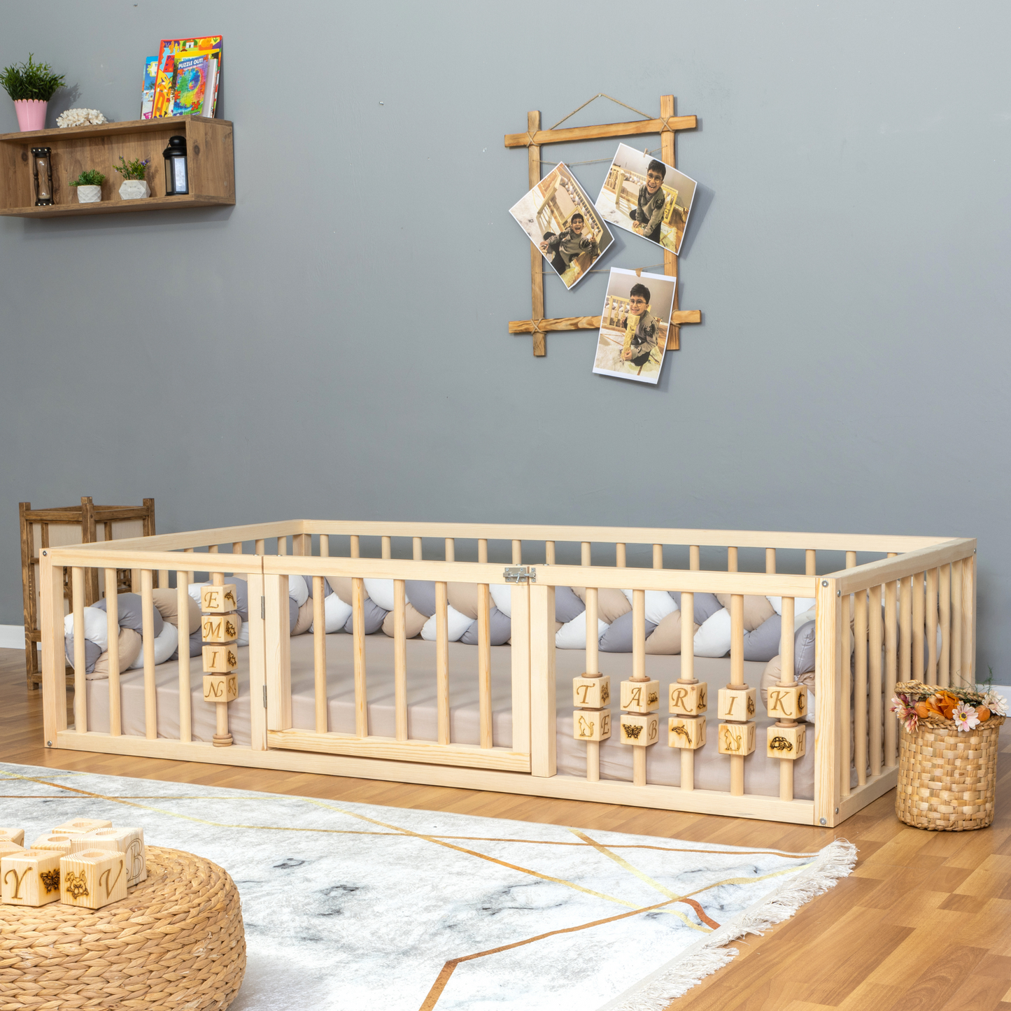 Montessori Floor Bed with Safety Rails & Center Door