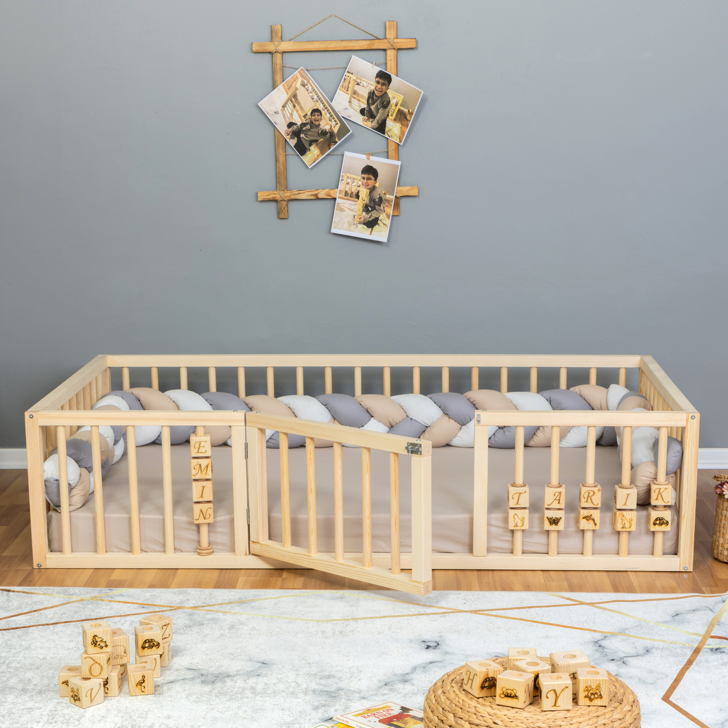 Montessori Floor Bed with Safety Rails & Center Door