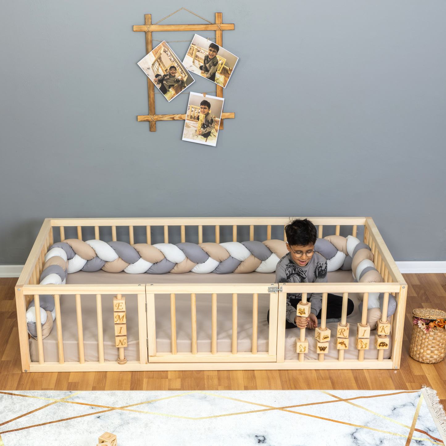 Montessori Floor Bed with Safety Rails & Center Door